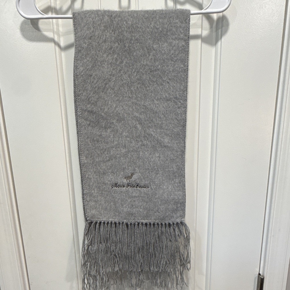 Marco Polo Escaliers Gray alpaca wool Rectangle Scarf Fringe Embroid Logo 70"
